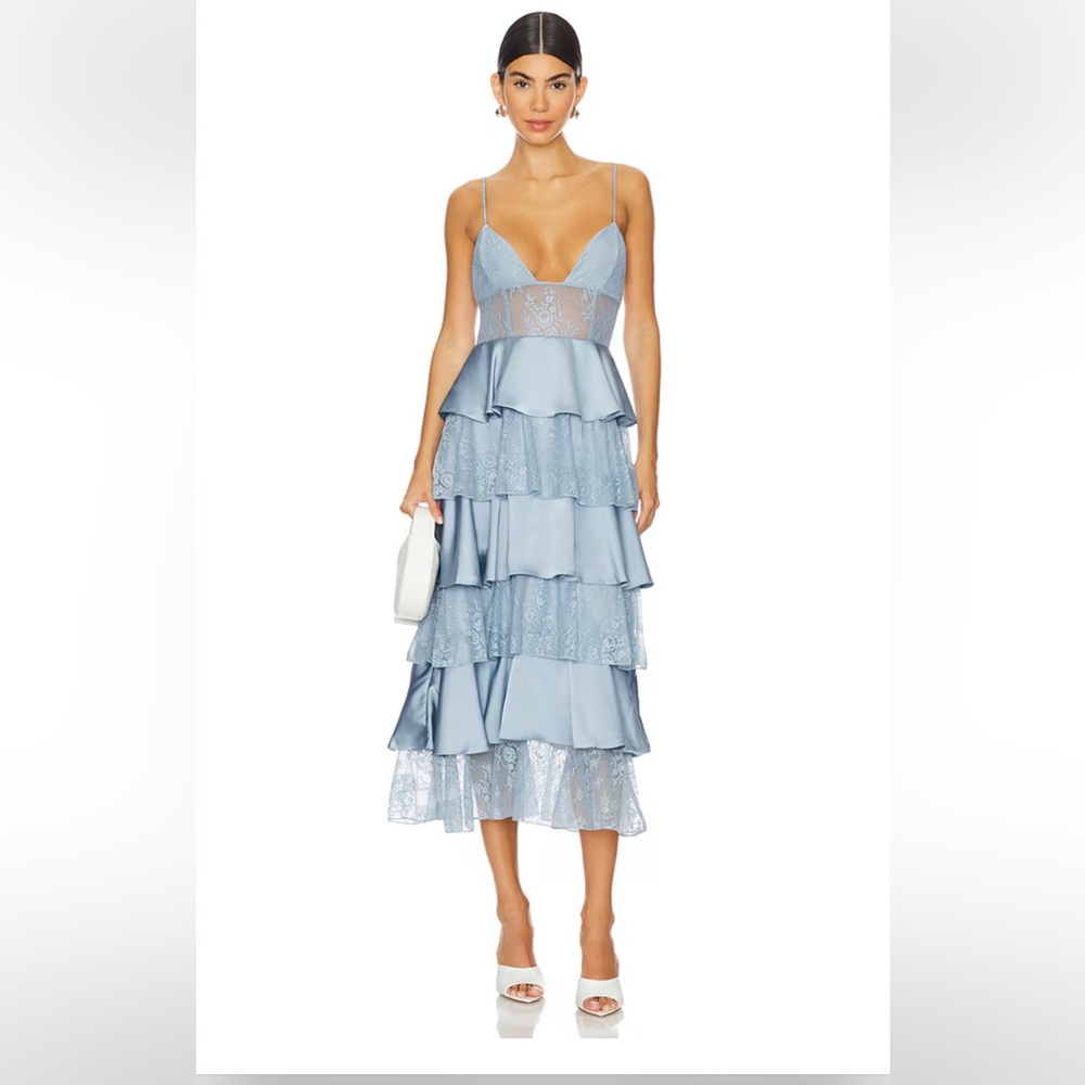 Beautiful Tiered lace midi dress in color Storm 
WeWoreWhat